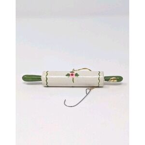 Vtg Wooden Rolling Pin Hand Painted Christmas Ornament Taiwan Green Pink White